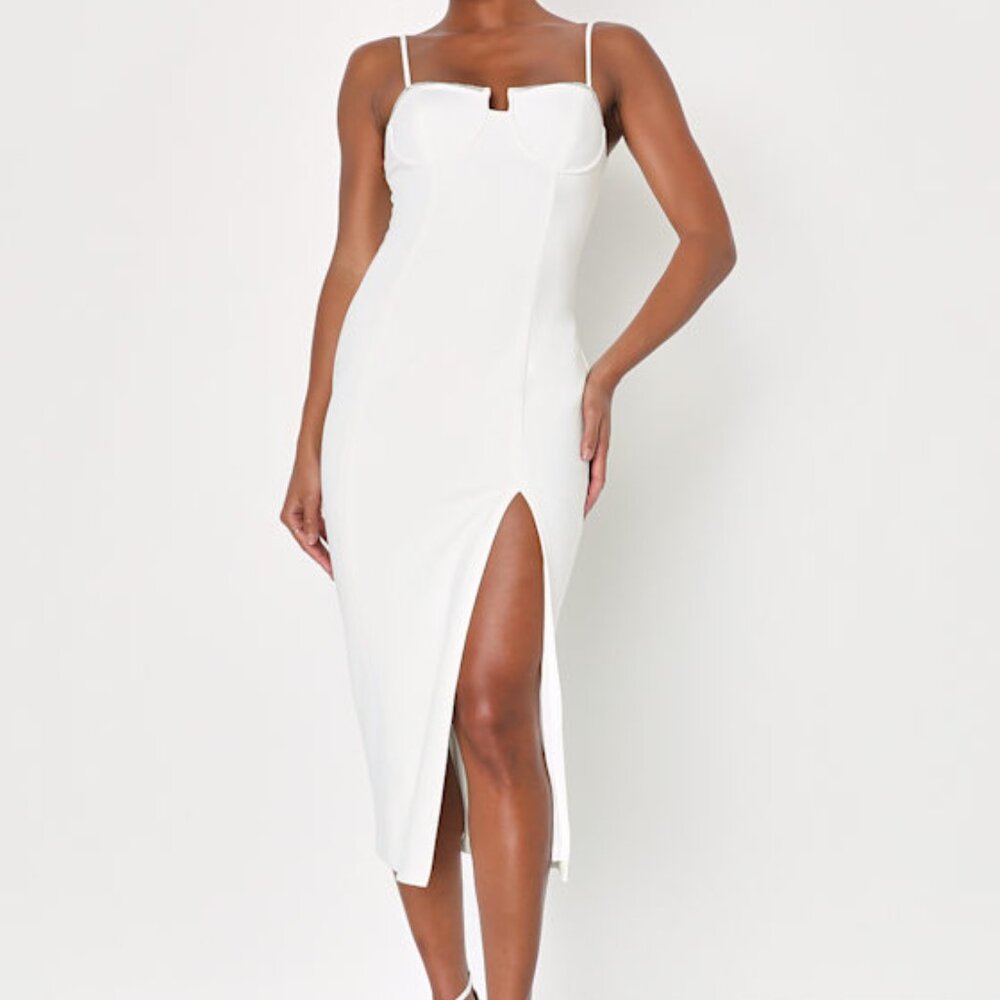 Lulus Tantalizing Attitude White Rhinestone Bodycon Midi Dress - Size S
